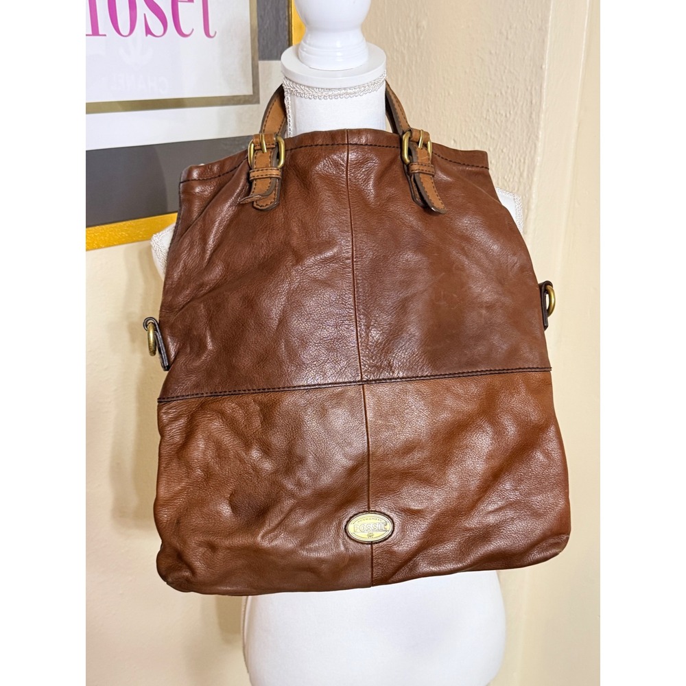 Fossil Brown Leather Tote Bag Cognac Large Shoulder Bag Multi Pocket Brass HW